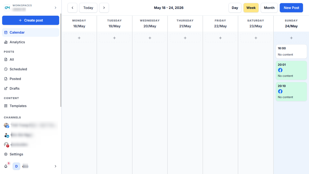 Kavio visual calendar — weekly content schedule across platforms